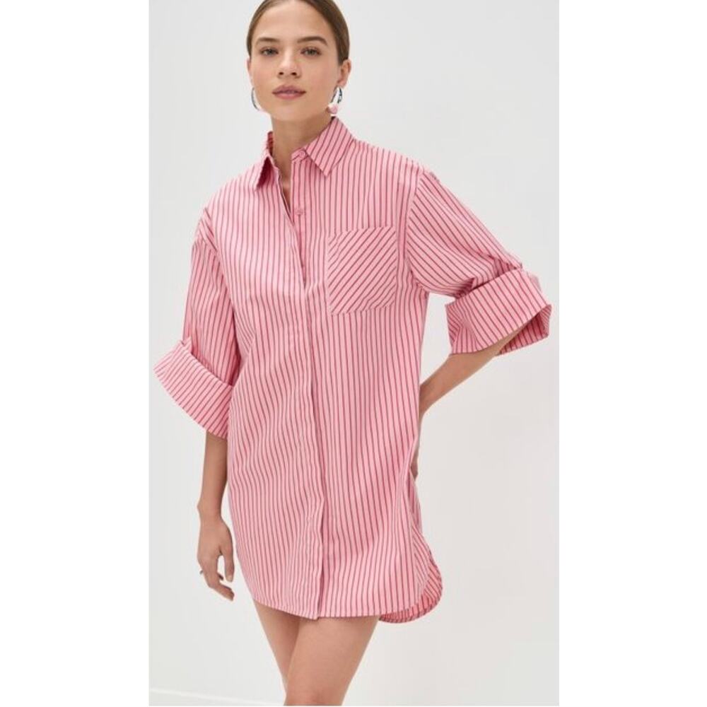 STAUD Nico Shirt Dress, Poplin Preppy Striped Mini, Small